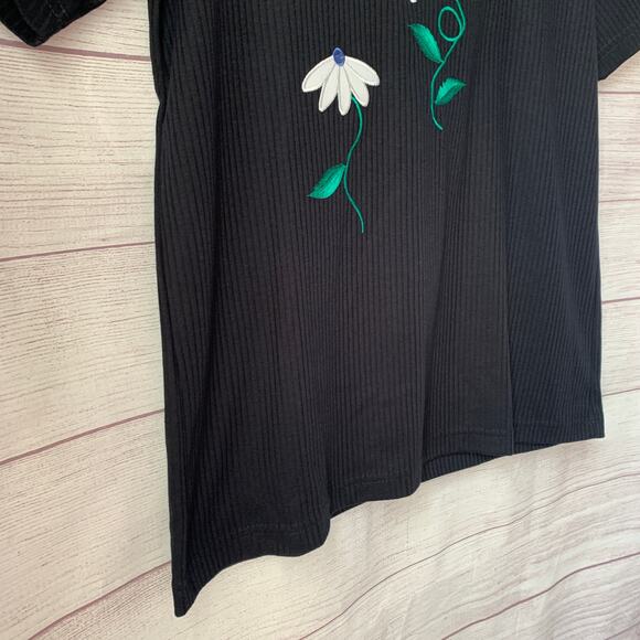 Links Vintage Black Ribbed Embroidered Daisy Flower Shirt Short Sleeve Size S - Picture 15 of 16
